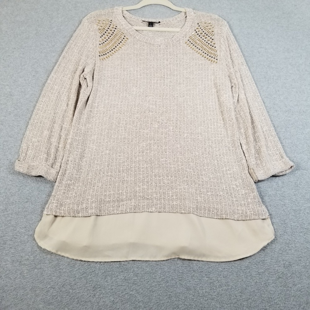 Signature Studio Sweater Womens Large L Beige Studded Layered Knit Pullover Top